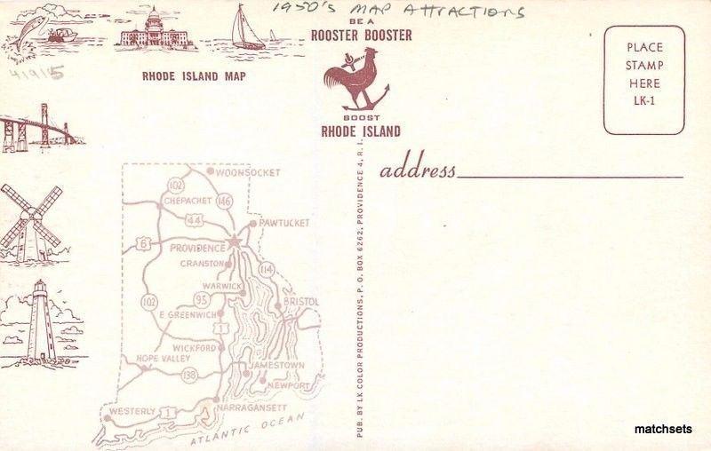 1950s Map Attractions Rhode Island LK Color Productions postcard 13129