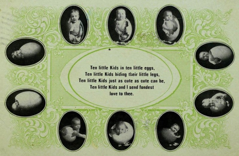 C.1910 Ten Little Kids In Little Eggs Vintage Cute Children Poem Postcard F14