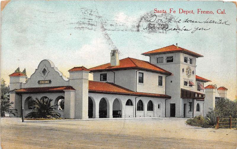 E59/ Fresno California Postcard 1909 Santa Fe Railroad Depot 1