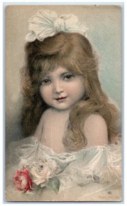 c1905 Pretty Little Girl Curly Hair Sleeveless Flowers Studio Portrait Postcard