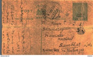 India Postal Patiala Stationery George V 1/2 A to Sambhar Lake