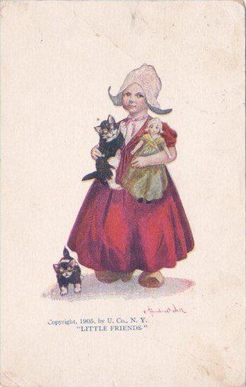 Young Dutch Girl Carrying Doll & Cat 1909 Signed Wall