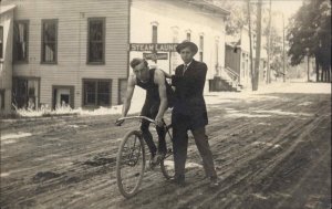 Gowanda New York NY Bicycle Race `Muscular Man Winner c1910 Real Photo Postcard