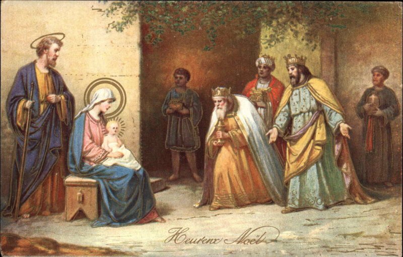 Heureux Noel Nativity Wisemen Baby Jesus Christianity Vintage Postcard