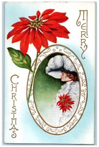 1913 Christmas Pointessia Flowers Pretty Girl Embossed Chicago IL Postcard 