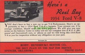 Postcard Car Here's a Real Buy 1934 Ford V-8 Robt Hendricks Motor Co Spencer OK