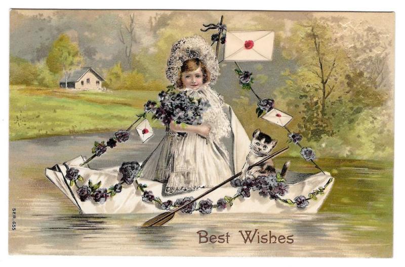 Best Wishes Edwardian Girl Boat Cat at Oar Fantasy Postcard