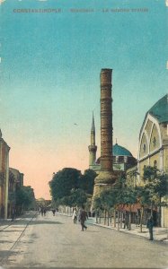 Turkey Constantinople Istanbul burnt column & mosque minaret postcard