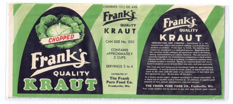 Frank's Quality Kraut Franksville WI Vintage Can Label