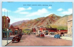 BRIGHAM, UT Utah ~ MAIN STREET SCENE c1930s Cars Box Elder County Linen Postcard