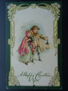 A HAPPY CHRISTMAS TO YOU Children & Lantern c1907 Embossed Postcard by W&K 993