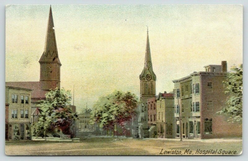 Lewiston Maine~Hospital Square~Church Steeples~Store Fronts~1910 Postcard 