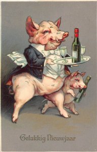 New Year Greetings Humanized Fat Pig Waiter Wine Bottle 1910 postcard  B923