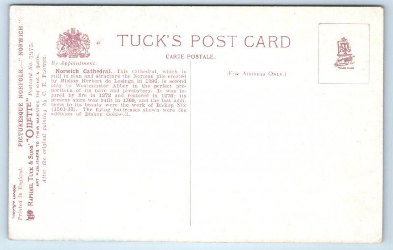 Tuck Oilette NORWICH CATHEDRAL, England UK~ Picturesque Norfolk 1910s Postcard