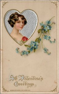 Valentines John Winsch Lovely Woman Silver Heart Art Nouveau Emb Postcard V2