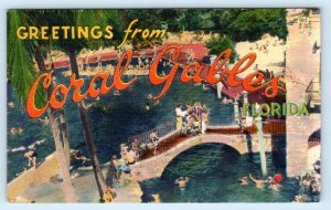 Large Letter Linen Greetings From CORAL GABLES, FL Florida  c1940s Postcard