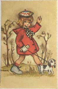 Girl Walking Dog Bonnie Artist-Signed Alfred Mainzer c1940s Vintage Postcard
