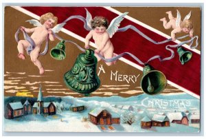 Christmas Postcard Angels Cherubs Ringing Bells House Church Winter c1910's
