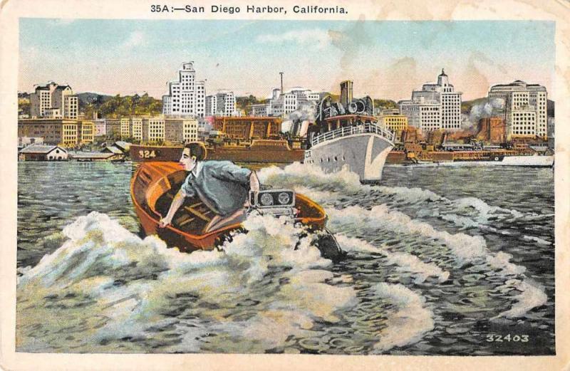 San Diego California Harbor View Man in Small Boat Vintage Postcard JD933962