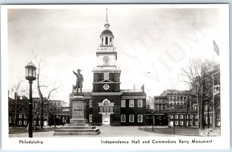 1936 Philadelphia, PA Indepedence Hall RPPC Commodore Barry Monument Photo A259