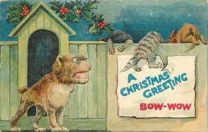 BB London Embossed Christmas Postcard X.42 Dog Barks Greetings, Cats Run Away
