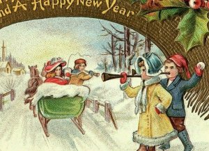 1907-15 Merry Christmas New Year Postcard Children Sleigh Riding Holly Winter  