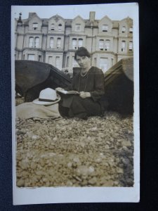 Sussex Portrait WOMAN READS BOOK ON EASTBOURNE BEACH Old RP Postcard by R.H.Rice 