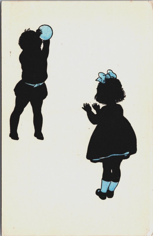 Silhouette Kids Playing Art Deco Vintage Postcard C092