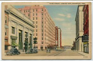 Third Street Scene Davenport Iowa 1940s linen postcard