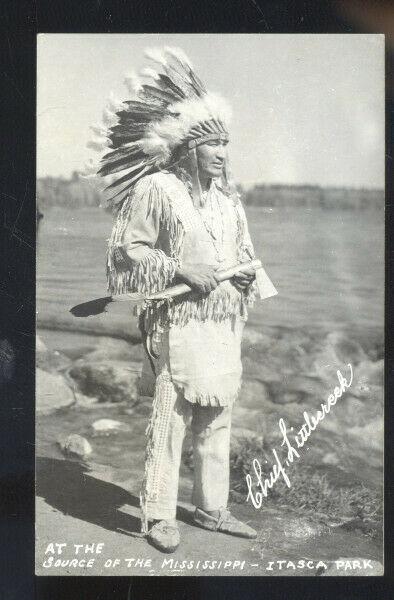 RPPC ITASCA PARK MINNESOTA NATIVE AMERICANA INDIAN CHIEF REAL PHOTO POSTCARD