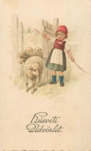 Drawn children greetings postcard cute girl with lambs Easter fantasy 1922