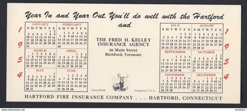 RICHFORD VERMONT USA Hartford Fire Insurance Company 1954 year calendar BLOTTER