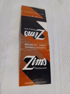 Zim's Restaurants 20 Rear Strike Matchbook Cover