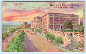 PERUGIA, ITALY ~ Artist View BRUFANI & PALACE HOTELS ca 1910s   Postcard