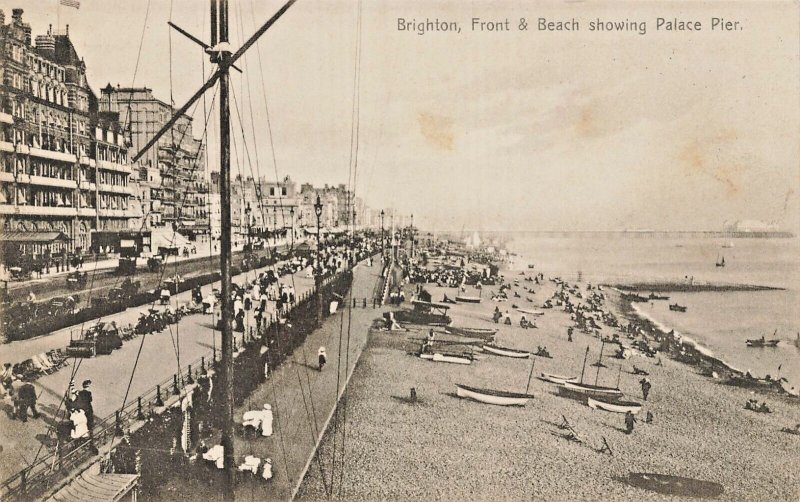 BRIGHTON ENGLAND~FRONT & BEACH SHOWING PALACE PIER~PALACE SERIES POSTCARD