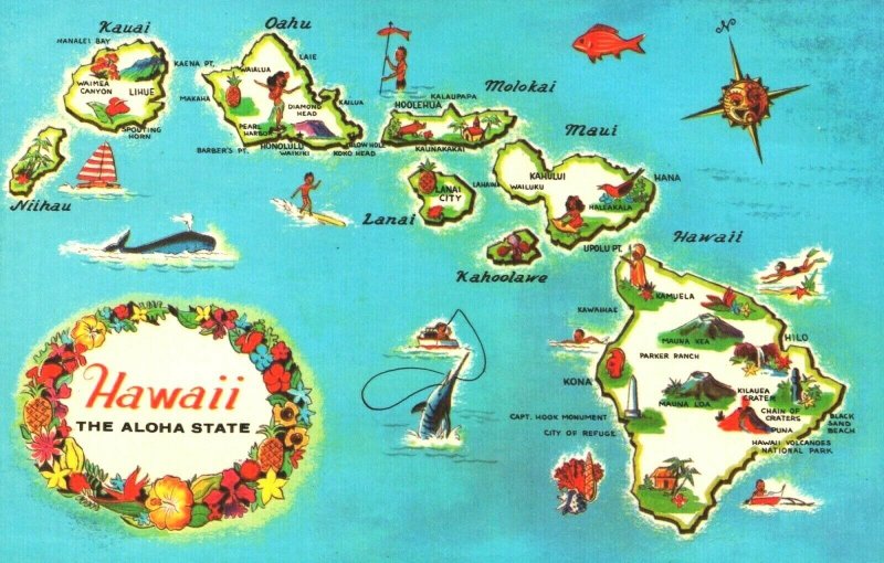 USA The Aloha State Hawaii Map Chrome Postcard 04.02