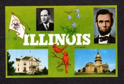 IL State Flag ILLINOIS Lincoln Adlai Stevenson Postcard