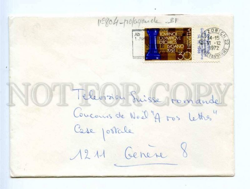 417489 Switzerland 1972 year COVER Chess stamp w/ margin real posted