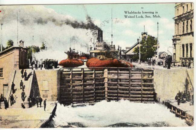 MI   SOO   WHALEBACKS in WEITZEL LOCK  1910 postcard