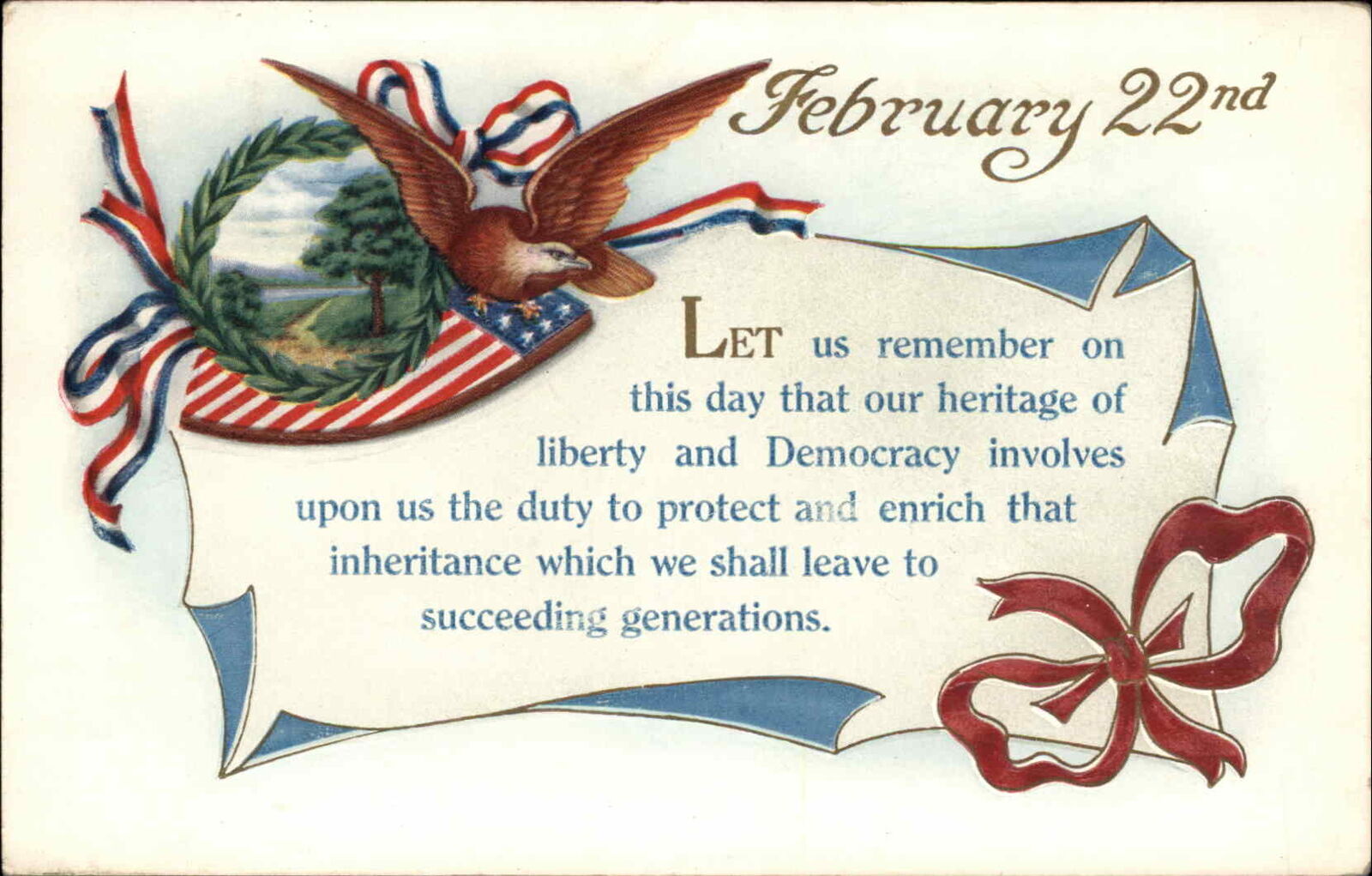 February 22 American Flag Eagle Patriotic Holiday Vintage Postcard