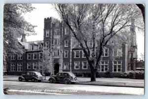 Grinnell Iowa IA Postcard RPPC Photo Mens Dormitory Grinnell College Cars 1947