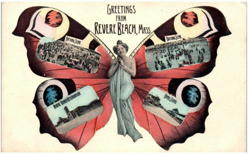 Revere Beach MA photo manipulation anthropomorphic butterfly naked beauty c1910