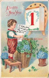 New Year, Little Girl on Stool reading Note, Calendar, Embossed