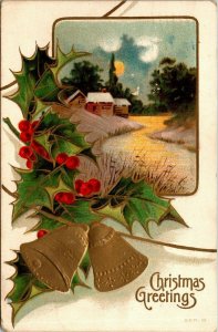 VTG 1909 Cabin River Scene Holly Berries Gold Bells Christmas Greeting Postcard