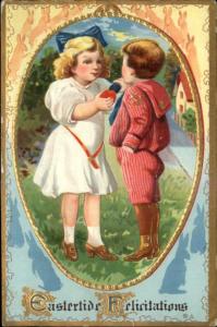 Easter - Cute Girl & Boy Fancy Border Nicely Embossed c1910 Postcard