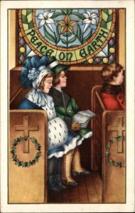Christmas Children in Church Pews Stained Glass Window c1910 Vintage Postcard