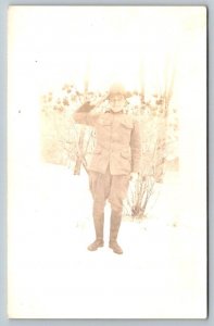 RPPC  US Army Soldier WW1  Saluting  - Real Photo Postcard  c1918