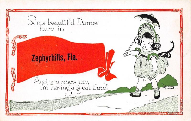 Zephyrhills Florida~Beautiful Dames Here~Sentimental Kid Pennant Postcard