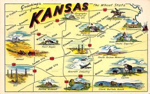 Greetings from Kansas, USA Map 1958 light postal marking on front