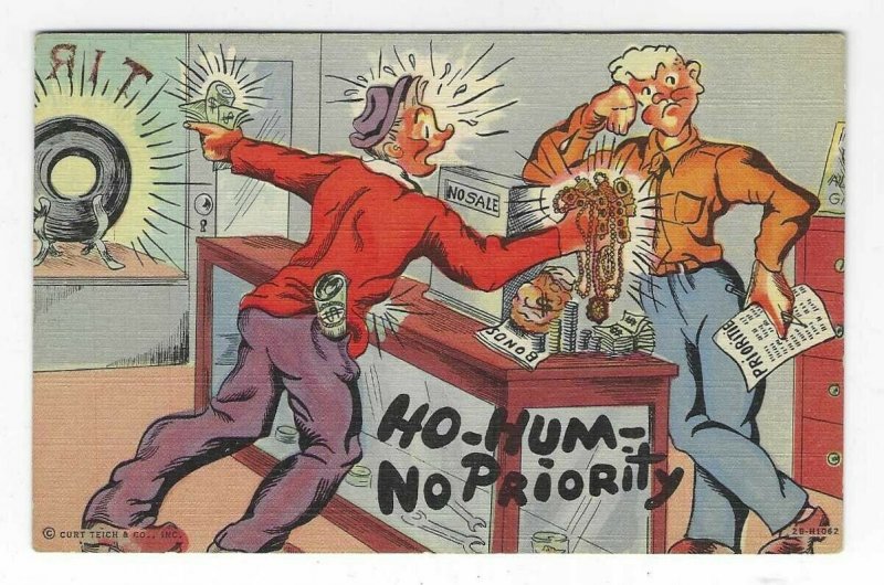 1940's Ho-Hum No Priority Comic Cartoon Linen Postcard